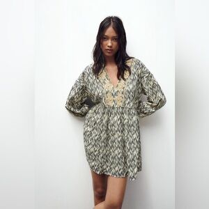 ZARA printed short dress with embroidered ecru/black size XL